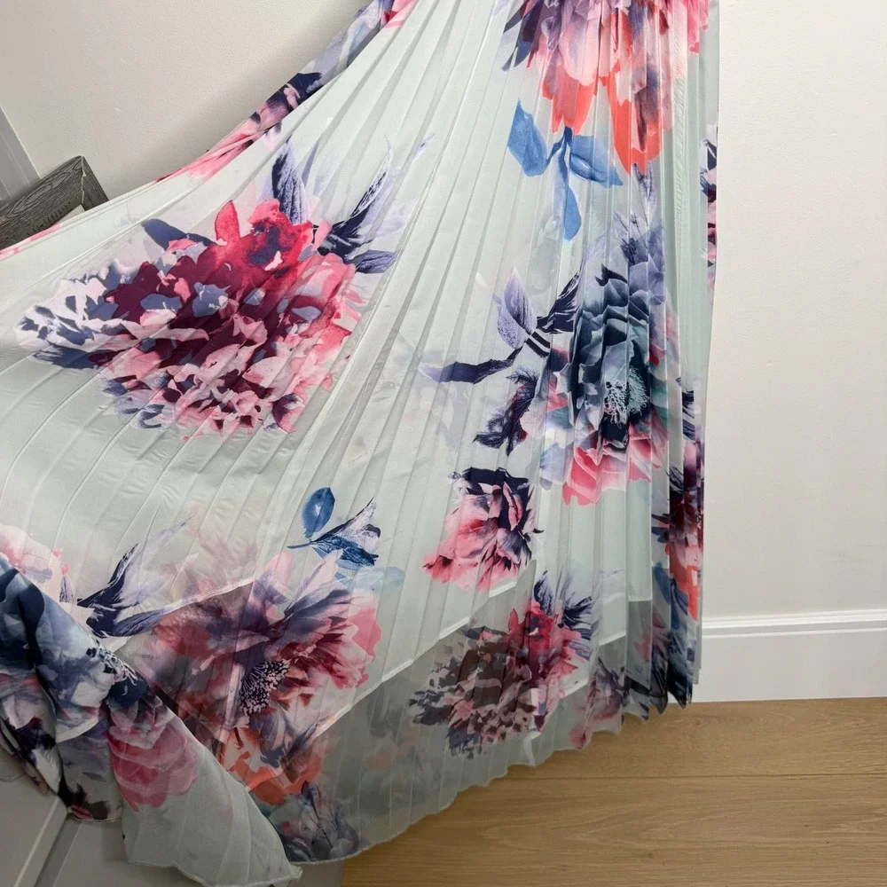 K5 Komarov Floral‎ Pleated Maxi Dress Mint Pink Blue Smocked Waist Womens Large